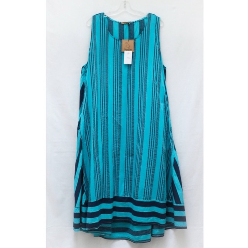 NEW Beyond Capri striped print dress asymmetric midi lagenlook turquoise resort